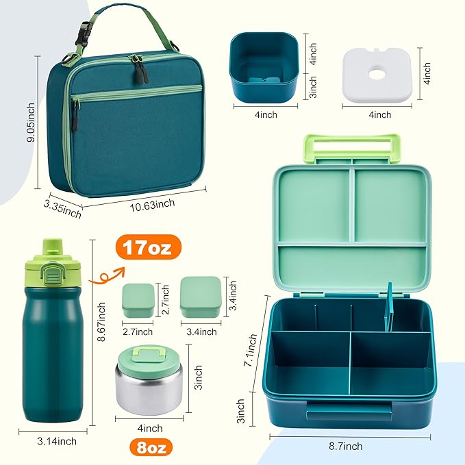 MAISON HUIS Kids Bento Box Set - Includes 8oz Soup Thermo, Insulated Lunch Bag & 17oz Stainless Steel Water Bottle, 5-Compartment Bento Box with Built-In Ice Pack, Leak-Proof & BPA-Free(Green)