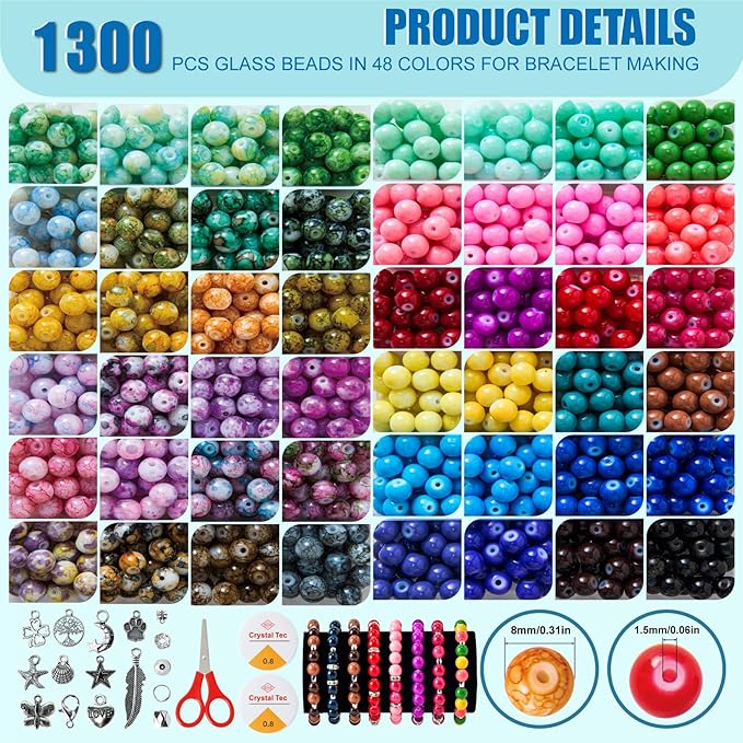 1300 Pcs Round Glass Beads for Jewelry Making – 8mm Beads in 48 Colors, 2 Box Set of Bulk Glass Beads for Bracelets, Crafts & DIY Gifts