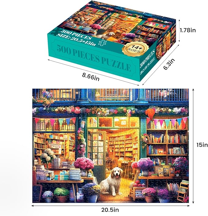 500 Piece Puzzle for Adults-Bookstore Dogs Puzzle | Recycled Cardboar Jigsaw Puzzles 500 Pieces | Challenging Family Activity Great Gift Idea for Family Friends | Difficult Puzzles Size 20.5 x 15 in
