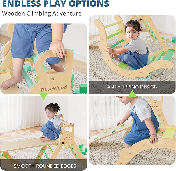 BlueWood Pikler Triangle Set, Toddler Wooden Climbing Toys Indoor 7in1 Foldable Climber for Kids, Montessori Philosophy Play Jungle Gym with Arch, Ramp, Ladder (Green Summer)