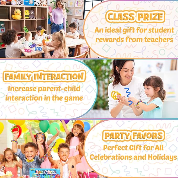 Fidget Toys Sensory Sticks for Kids: 12 Pack Sensory Toys for Kids with Autism Calming - Quiet Fidgets for Classroom Must Have - Creative Students Prizes Fun Party Favors Gifts