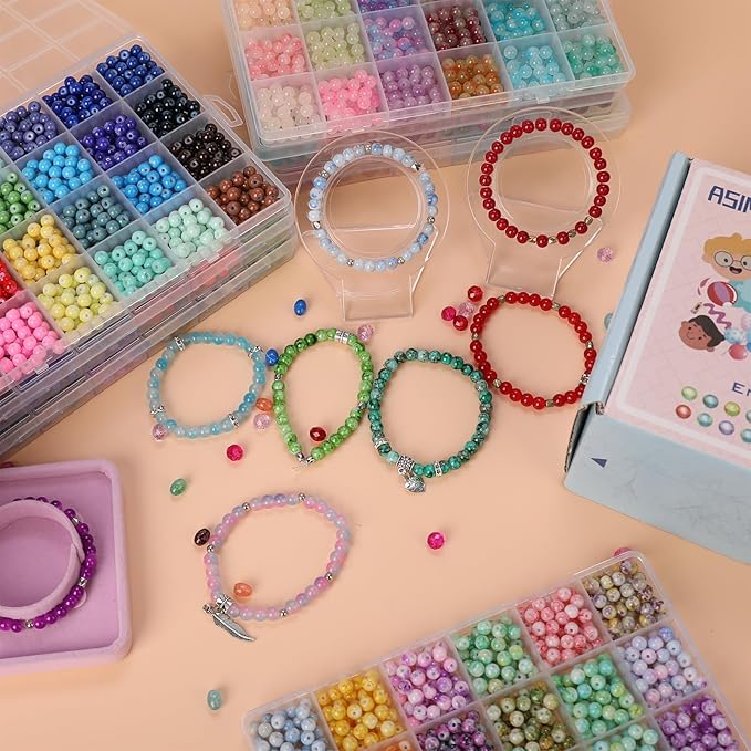 Glass Beads Kit for Jewelry Making - 3 Box Set 72 Colors, 3000pcs Round Colorful Beads for DIY Bracelet Necklace Earring Keychain, Colorful Glass Beads Bracelet Making Kit - 6mm