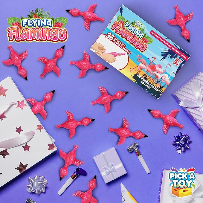 PICK A TOY 36 Pcs Flamingo Party Favors Toys for Kids, Bird Shooter Game Finger Flicker, Tropical Themed Decorations, Treasure Chest for Kids Prizes, Flying Chicken Slingshot