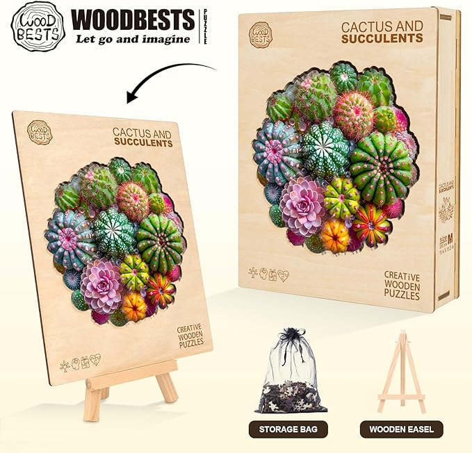 Wooden Puzzles for Adults, Cactus and Succulents Wooden Jigsaw Puzzle 3D Visual Effect Unique Shape Plant Wood Puzzles Adult, Birthday Gifts for Puzzle Lovers Family Games (M-11.4 * 11.3in-200pcs)