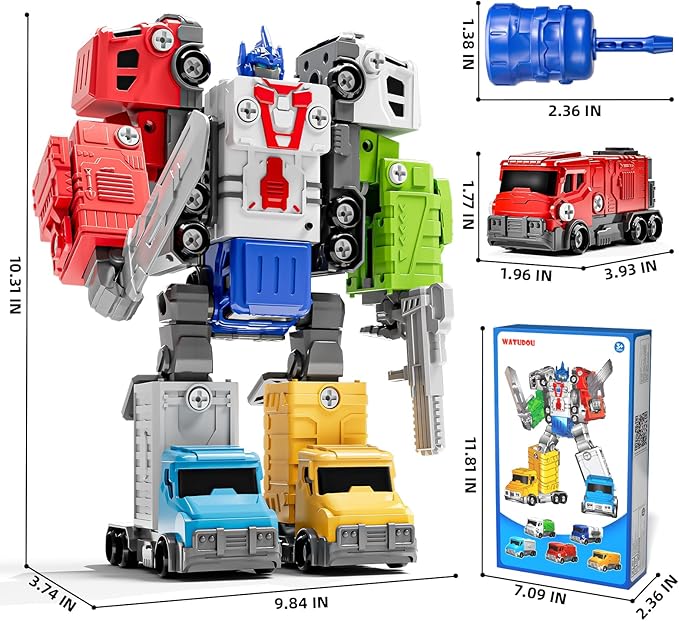 Toys for Ages 5-7, 5-in-1 Take Apart Vehicle Trucks Transform to Robot, 4 5 6 7 Year Old Boy Christmas Birthday Gift Ideas, Robot Toys with Light and Sounds for Kids 5-7