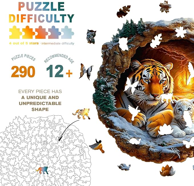 Wooden Puzzles for Adults - Tiger Family Wooden Jigsaw Puzzle - Unique Shape 3D Vision Wood Puzzles Adult - Christmas Birthday Gifts for Adults/Friends/Family - 290pcs 13.4 * 13.3in