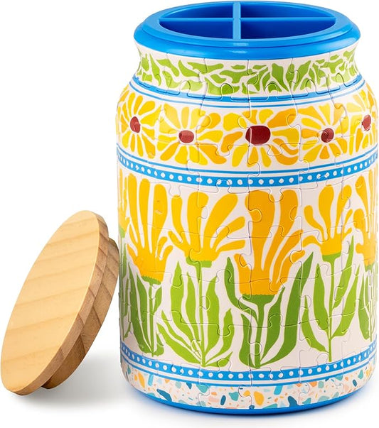 3D Puzzle Jar 128 Plastic Pieces for Adults - Summer Blossoms Use Includes Divider Pen & Utensil Holder with Wooden Lid Dining,Study Living Room Medium [BA1016]