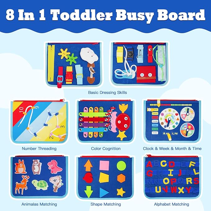 Toddler Busy Board Book - 8 in 1 Montessori Toys for 1 2 3 4 Year Old Learning Educational Activity Gifts for Girls Boys