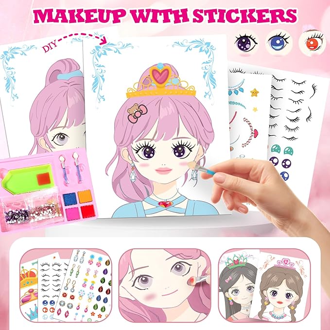 Tudaymol 4-in-1 Art & Craft Activity – DIY Dress Up Stickers, Makeup Kit, Foil & Gems Art, Creative Princess Fun, Costume Ideas & Accessories, Travel Toy, Gifts for Girls Ages 4-8-12