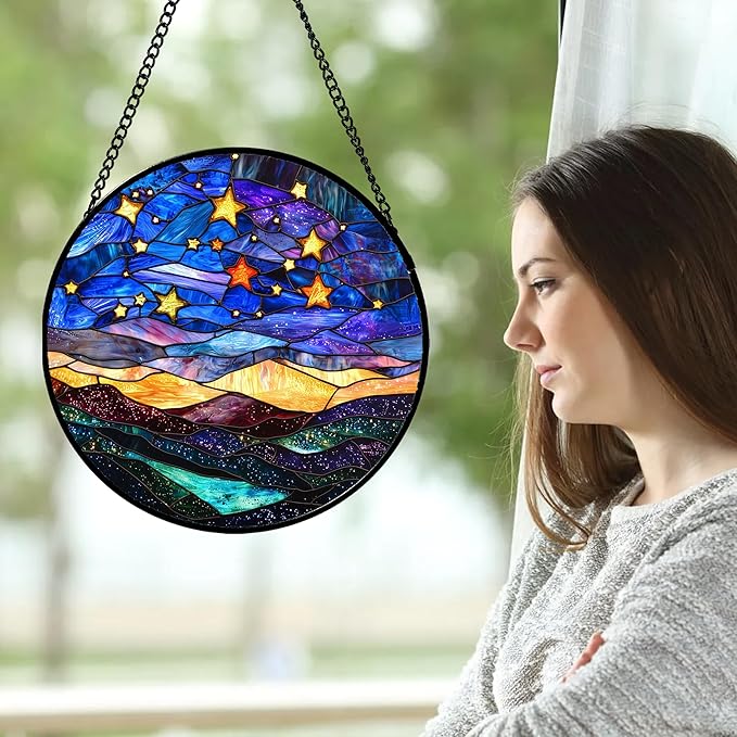 Stained Glass Window Hanging, Blue Sky Gold Stars Abstract Landscape Suncatcher for Doors Window Home Sun Catchers Decor Mother's Day Birthday Gifts for Women, Men Mom 15 in