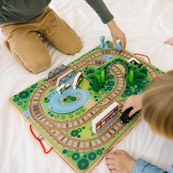 Melissa & Doug Take-Along Railroad Tabletop Playset with Wooden Train Toys, Animals & Scenery Play Pieces, Preschool Learning Toys for Girls & Boys 3+ - FSC Certified