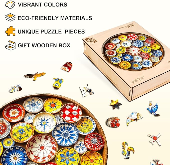 Wooden Puzzles for Adults - 200 Pieces Andalusian Tiles-Spain Puzzle - Unique Shapes Wooden Jigsaw Puzzles for Adults - Eco-Friendly Puzzle Home Office Decor (M-11.4 * 11.3in)