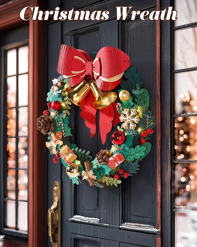 Rolife 3D Puzzles for Adults Christmas Wreaths for Front Door, Artificial Eucalyptus Wreath for All Seasons, Indoor and Outdoor Wreath with Red Bow&Golden Bell, LED for Christmas Decor (16in, 252pcs)