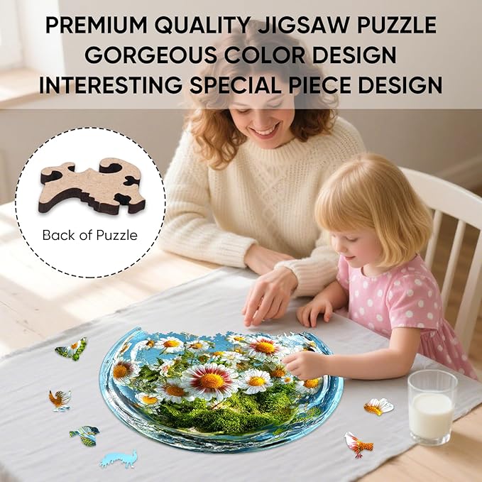 Wooden Puzzles for Adults 500 Pieces, Water Drop Daisy Jigsaw Puzzles, Unique Design Adult Puzzles for Family Brain Game Gift, 16.5x16.5 inch