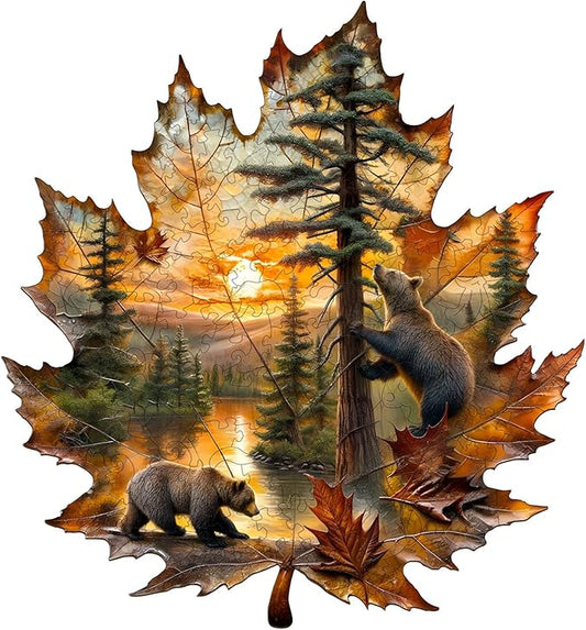 Wooden Puzzles for Adults, Wooden Jigsaw Puzzles for Adults, Brown Bear Autumn Maple Leaf Unique Shaped Wood Puzzles Adult, Creative Gifts for Friends Family Game, Home Decor (11.4 * 10.6in 155pcs)