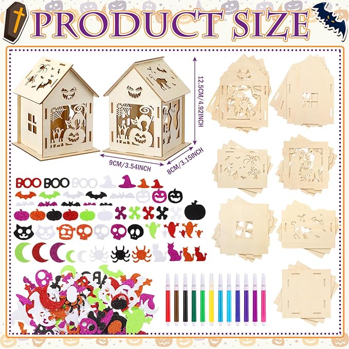 12 Sets Wooden Thanksgiving Halloween Houses Fall Graffiti Crafts Pumpkin Wood House Ghost Table Decor 12 DIY Unfinished Craft Kit 12 Watercolor Pens 100 Foam Stickers(Halloween Style)