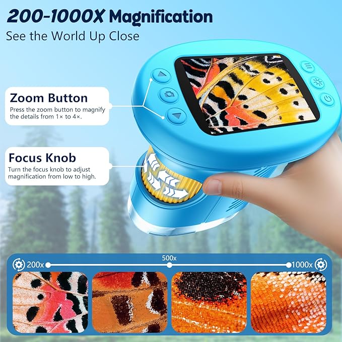 1000X Handheld Microscope for Kids, 4K 2.4" Screen Digital Kids Microscopes with 12 Slides, Portable Edu Toys Gifts for Age 3 4 5 6 7 8 9 10 11 12 Year Old Boys Girls Children Students(Blue)