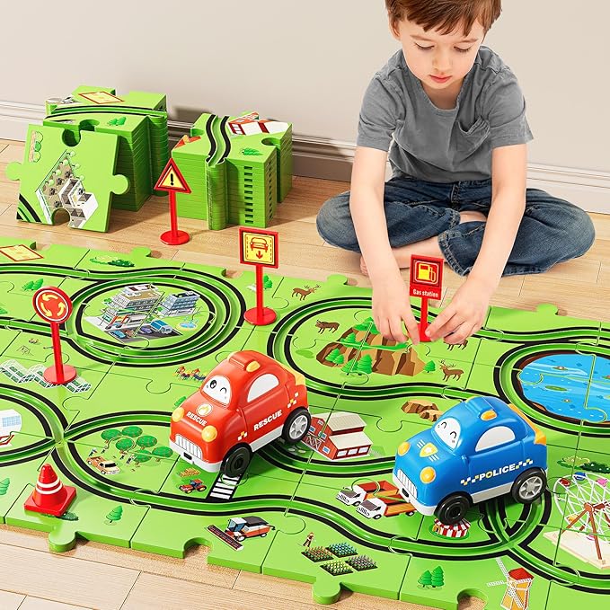 48 PCS Puzzle Track Car Set for Boys Kids 3-5, Toddler Boys Toys for 3 4 5 6 Years Old, Puzzle Race Tracks Car Toys, Birthday Gifts for Kids 3 4 5 6 7 8 Year Old Boys Girls