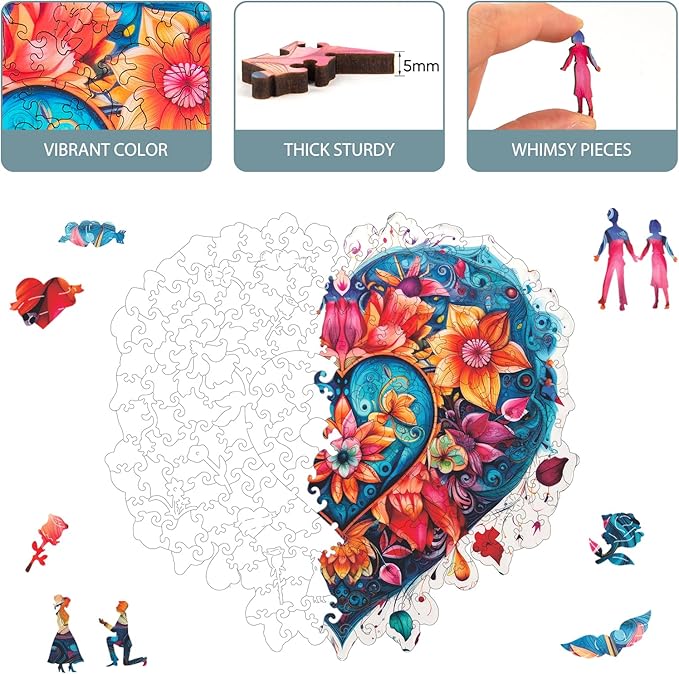 Ruikiyart Wooden Puzzles for Adults, 5MM 500 PiecesLily Heart Flower Wooden Jigsaw Puzzle, Unique Shapes Puzzles Great Gift for Adults and Kinds on Birthday, Christmas (16.7"x15.8")