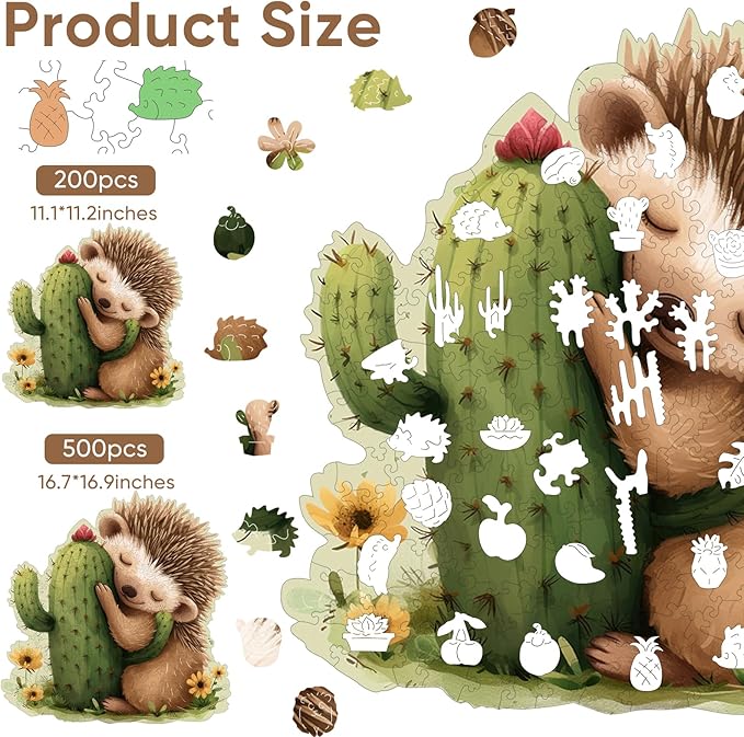 Ruikiyart Wooden Puzzles for Adults, 5MM 200 Pieces Hedgehog Cactus Wooden Jigsaw Puzzles, Unique Shapes Succulent Puzzle Gift for Kids and Adults on Birthday, Thanksgiving, Christmas (11.1"x11.2")