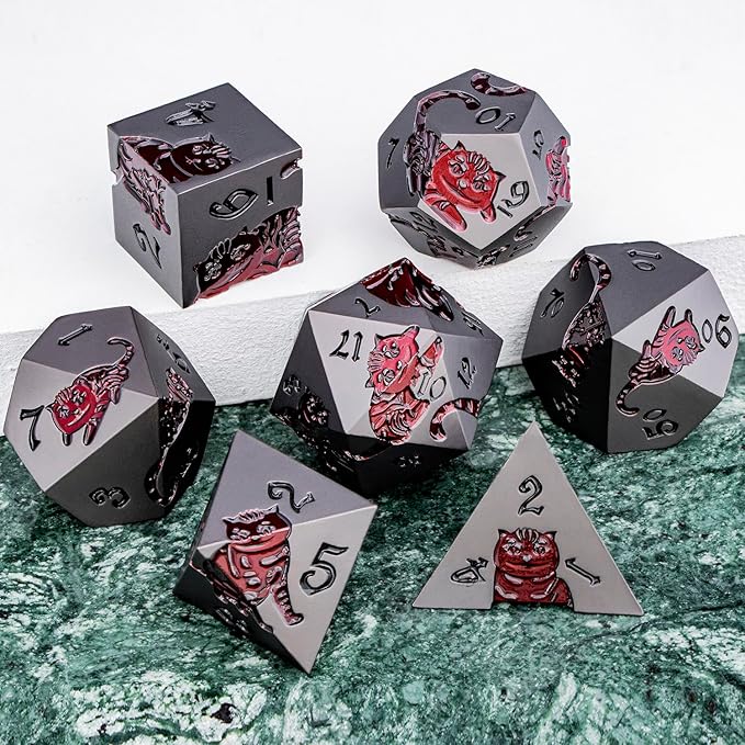 Metal DND Cat Dice 7PCS Polyhedral RPG Dice Set with Gift Case for Dungeons Dragons Role Playing Game, D and D Dice D6 D8 D10 D12 D20 D% (Grey Red)