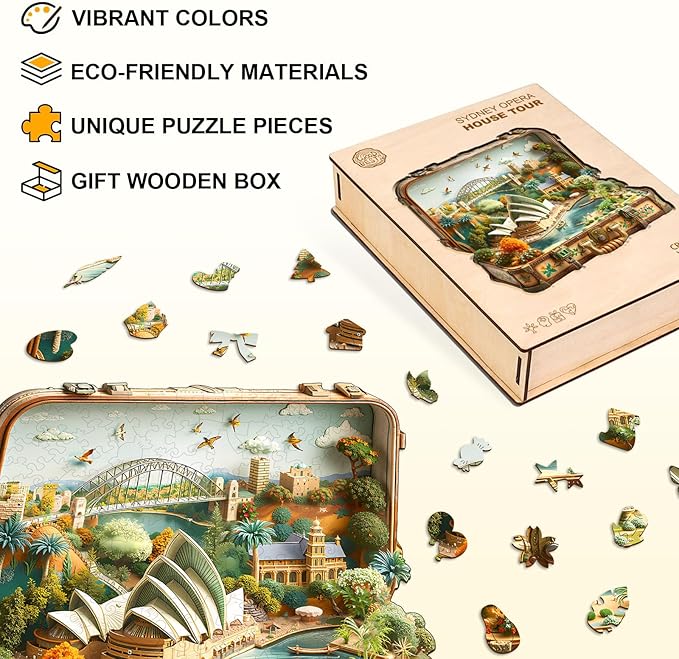 Jigfoxy Wooden Puzzles for Adults, Sydney Opera House Tour Wood Puzzles Adult, Unique Animal Shape Wooden Jigsaw Puzzles for Adults, Birthday Gifts for Puzzle Lovers, Family (M-11.4 * 11.2in-190p)