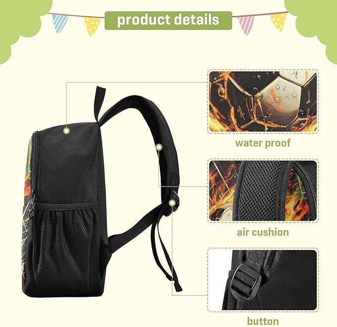 Soccer Ball Fire Toddler Backpack for Boys Girls 3-6 Small Preschool Backpacks for Kids Elementary Mini Bookbag for Preschool for Travel