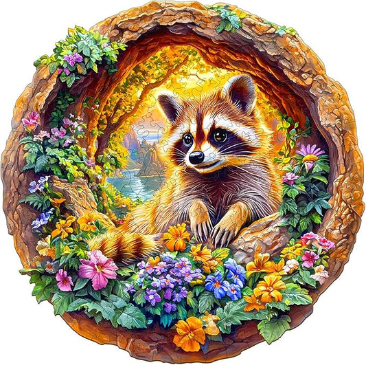 Wooden Puzzles for Adults - Raccoon on Vacation Wooden Jigsaw Puzzle - Unique Animal Shaped Wood Puzzles Adult - Christmas Birthday Gifts for Adults/Friends/Family - 100pcs 8.5 * 8.4in