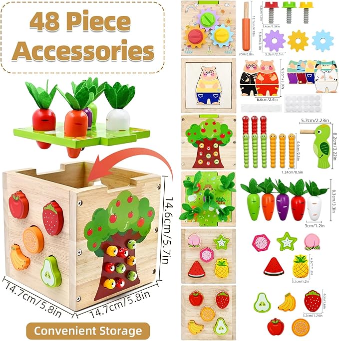 Baby Wooden Activity Cube Montessori Toys for 1 2 3 4 Year Old Boys Girls Birthday Gifts, 5 in 1 Early Educational Learning Toys for Toddlers Kids 12 18 24 Month Fine Motor Skill Games