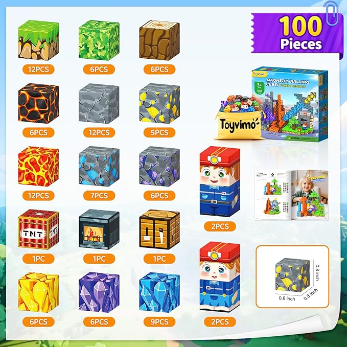 Magnetic Blocks 100PCS Kids Toys Magnetic Building Blocks Sensory Stem Boys Toys Ages 3-5 4-6 5-7 Classroom Must Haves 3 4 5 6 7 8 9 10 Year Old Boy Birthday Gifts