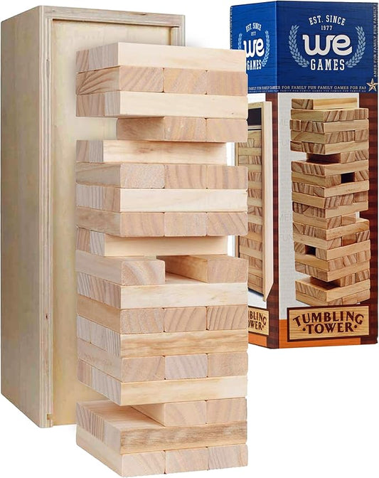 WE Games Wooden Block Stacking Party Game for Adults, Tumble Tower Wedding Guest Book Alternative, Tabletop Games, Includes Storage Case, 12 inches