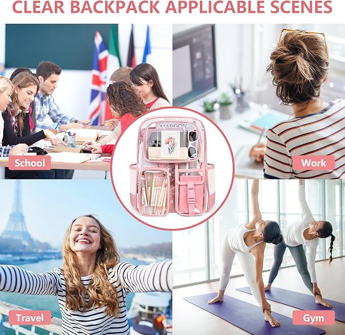 Attmu Pink Clear Backpack, Heavy Duty PVC Clear Bag for Stadium Events, Transparent Backpack with Reinforced Straps & Stitches for Girls Boys, Large Capacity Bookbag for School, Travel, College, Work