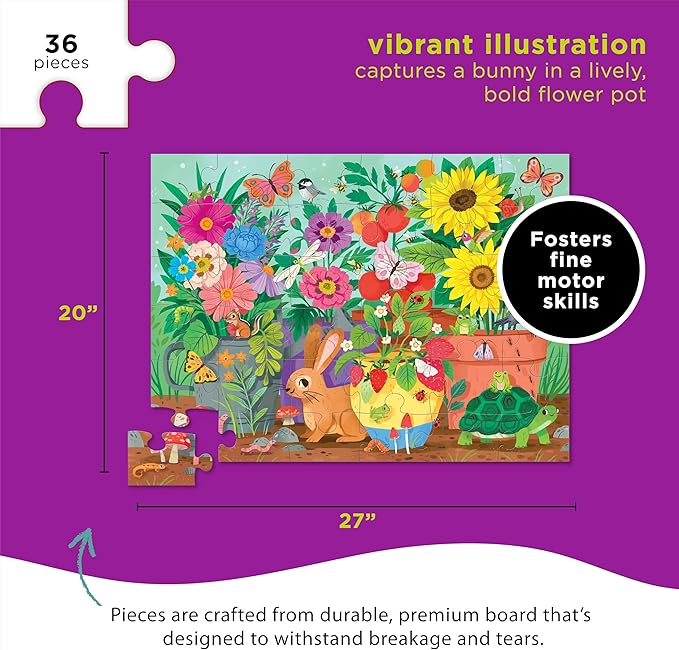 Crocodile Creek 36-Piece Jigsaw Floor Puzzle - Fun Floor Puzzles for Kids Ages 3-5 - Heavy-Duty Shaped Box for Storage - Garden Friends - 27" W x 20" H Finished
