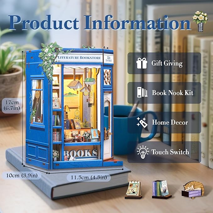 Fsolis Book Nook Kit - DIY Miniature Dollhouse Kit 3D Puzzles for Adult Tiny House Mini Booknook Craft Bookshelf Decor, 186 Wooden Pieces, Gifts for Women Teenagers Book Lovers (Literature Bookstore)