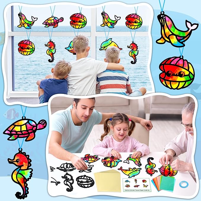 Qyeahkj 36 Set Sea Animal Suncatcher Crafts for Kids DIY Under The Sea Window Tissue Paper Craft Kit Ocean Animal Hanging Decor for Summer School Home Activity Art Project Birthday Party Favor Gift
