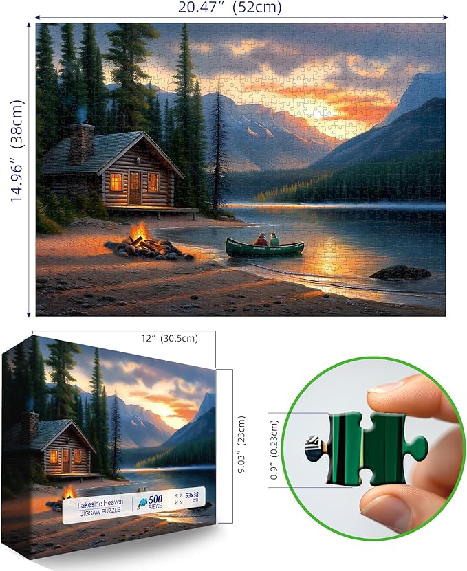 Blueforest Mountain Lake 500 Piece Puzzle for Adults - Log Cabin Panoramic Therapy Jigsaw Puzzle, Challenging Forest Landscape Framable Art Gift (23"x15")