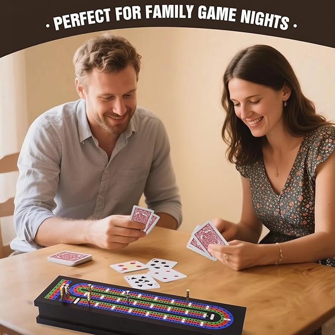 Wooden Cribbage Board Game Set with Metal Pegs and 2 Decks of Playing Cards, Travel Cribbage Board with Card Storage, Magnetic Lock, Classic Continuous 3 Track Cribbage Set for Family