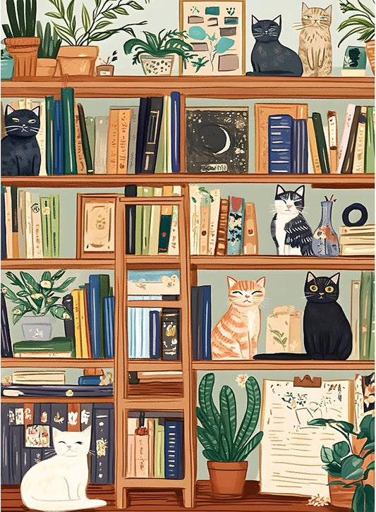 300 Piece Puzzles for Adults, Charming Cat Bookshelf Jigsaw Puzzle, Cozy and Relaxing 300 Piece Puzzle, Perfect for Family Time, Stress Relief, Home Wall Decor, Great Gift for Adults, Kids, Seniors