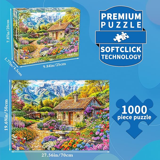HUADADA 1000 Piece Puzzles for Adults - Colorful Flower House in The Mountains -Vibrant Views- Jigsaw Puzzles for Adults and Kids 1000 Piece Educational Games Colorful Puzzles for Home Decoration