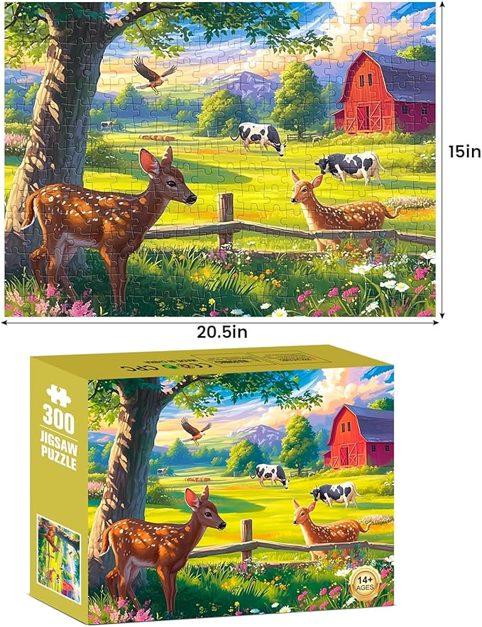 300 Pieces Puzzles for Adult Jigsaw Puzzle 300 Piece Children Elderly Puzzle Deer Cow Farm Puzzle Gift for Mom Dad Family Friend Family Activity Games Home Decor Wall Art 20.5x15IN