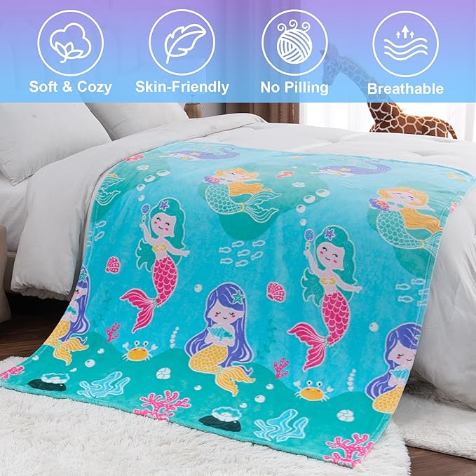 Mermaid Toys Gifts for Girls Kids - Glow in The Dark Ocean Blanket Best Birthday Christmas Valentines Easter Decor Presents for for Age 1-14 Years Old Teens Child Toddler Daughter Soft Throw 50"X60"