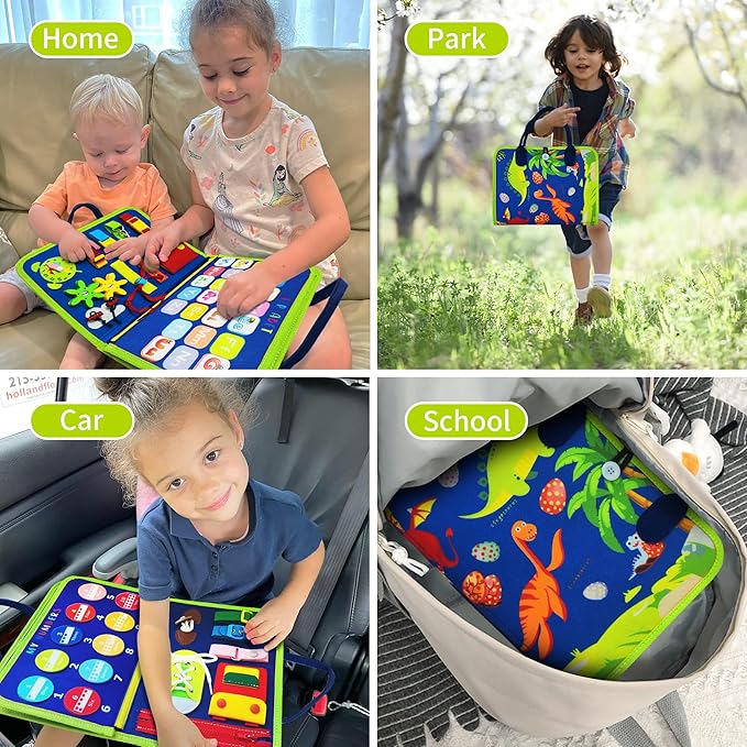 Dinosaur Montessori Learning Toy for Toddlers Ages 1-4 Years, Busy Sensory Board with Educational Activities, Travel-Friendly Developmental Skills Toy