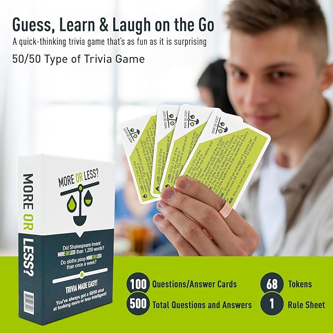 More Or Less? Trivia Card Game - Compact & Fun - Ideal for Travel, Families, Game Nights 5 Trivia Categories: Random, Places, Science & Tech, Nature and Entertainment