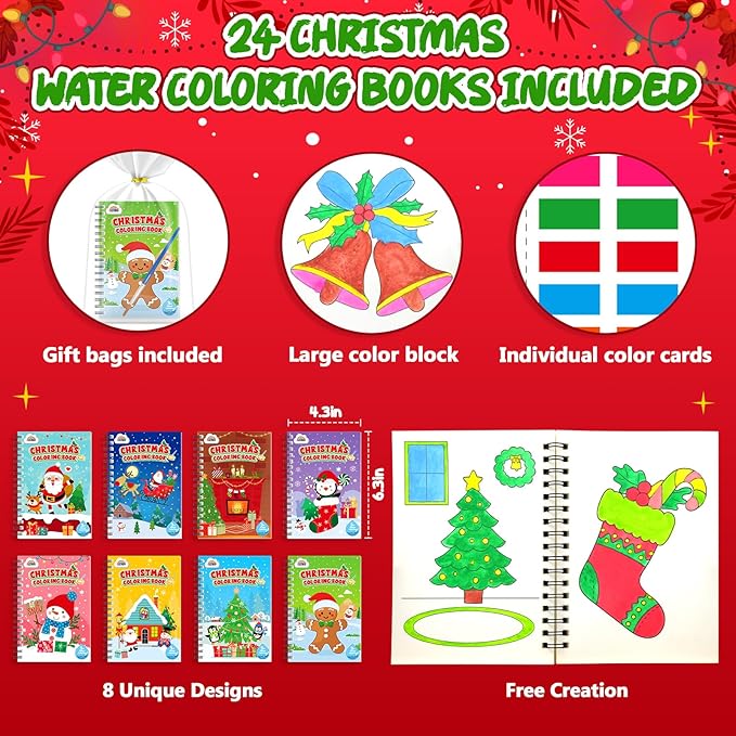 ZMLM 24 Water Coloring Books for Kids Party Favors - Bulk Mini Coloring Books for Kids Ages 4-8,Small Birthday Goodie Bag Stuffers School Teacher Return Gift Art Crafts Classroom Prizes (Christmas)
