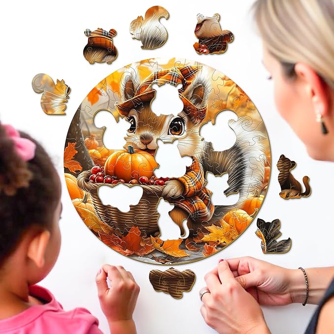 Wooden Puzzles for Kids Ages 4-6 - Squirrel's Harvest 50 Pieces Children Puzzles - Large Pieces Kids Puzzle with Unique Shapes - Fall Puzzles for Boys and Girls (11.4 * 11.4 in)