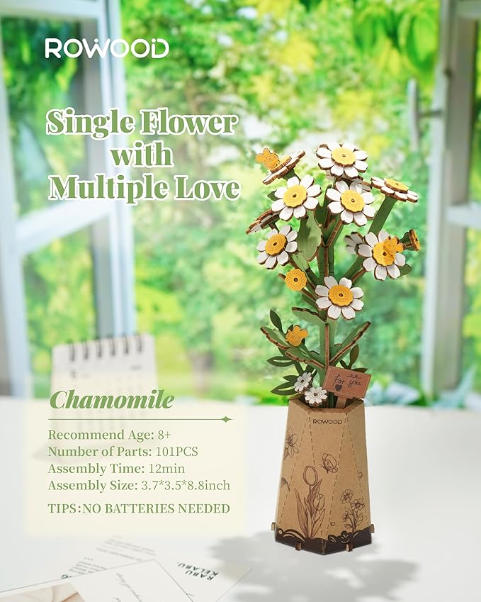 rowood 3D Puzzle Wooden Flower,DIY Flower Building Block Set Craft Kit for Kids,Mother's Day/Valentine's Day/Teacher's Day/Thanksgiving/Christmas/Birthday Gift for Mom/Grandma-Chamomile