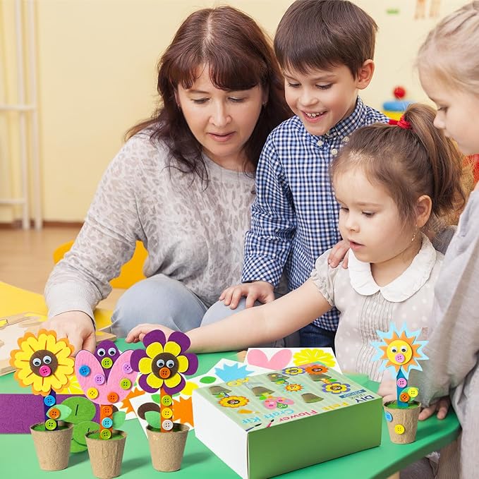 WATINC Mother's Day Spring Felt Flower Craft Kits - Make Your Standing Flowers Gift Crafts with Buttons Flower Pot Decor, DIY Flowers Decorations Home School Fun Activities for Mom Kids (24Pcs)