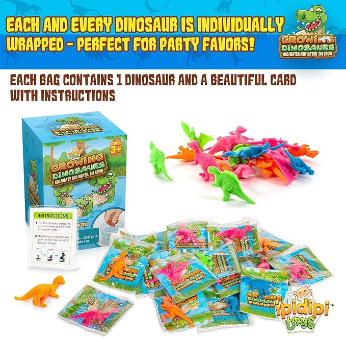 IPIDIPI TOYS Water Growing Dinosaur Toys for Kids – Fun Party Favors, Goodie Bag Stuffers, Classroom Activities and Holiday Prizes – Assorted Colors, Pack of 25