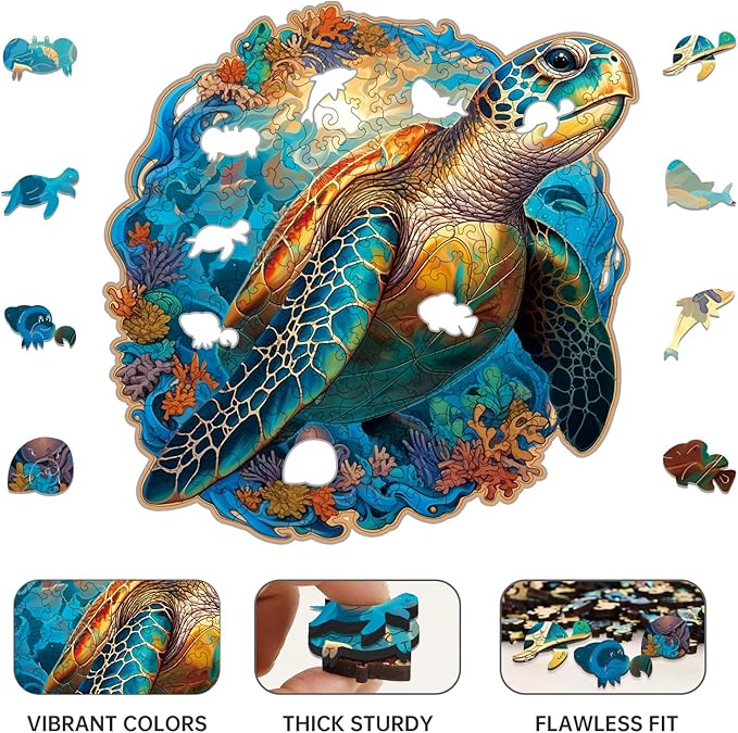 Wooden Puzzle,Coral Sea Turtle Jigsaw Puzzles 200 Piece,Fun Challenging Puzzles Family Game Gift,Unique Shape Puzzles for Adults 11 x 11 Inch