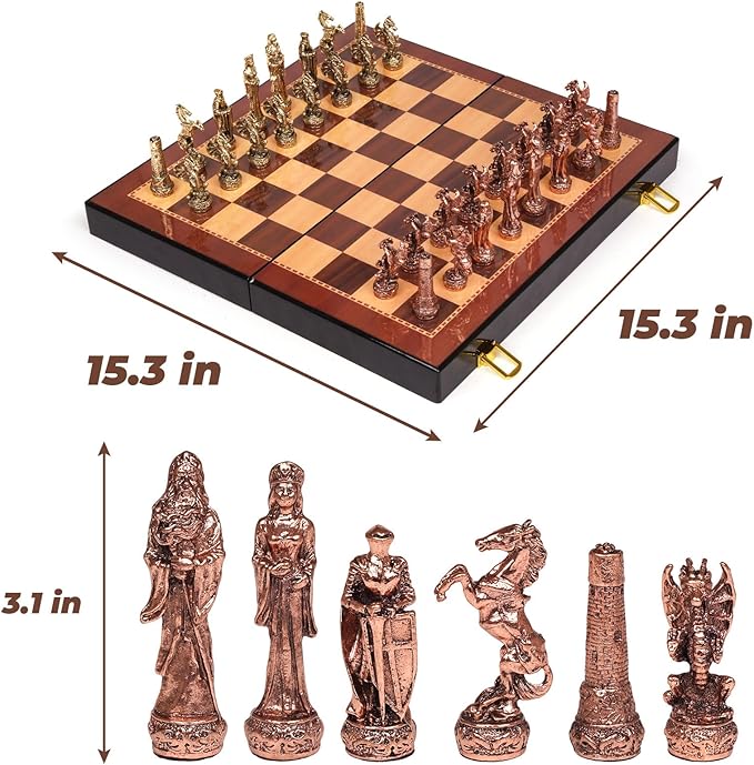 Vintage Figurine Chess Set for Adults and Kids - Wooden Board With Metal Pieces - Travel Chess Set - Collectible Elegant Game - Family Vintage Board Game